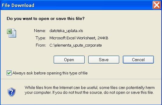 Slika 95. Prikaz poruke kod preuzimanja datoteke Odaberite opciju "Save", te pohranite excel datoteku na lokalni disk radne stanice. Datoteka nosi naziv "datoteka_uplata.xls".