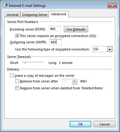 Strana :...14... Na tab-u Advanced u polje Incoming (POP3) upisati: 995, uključiti opciju This server requires an encrypted connection (SSL) U Outgoing server (SMTP) upisati 465.