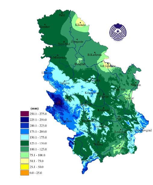 3. Материјал и метод рада Извор: http://www.hidmet.gov.rs/podaci/meteorologija/latin/l2015.pdf Слика 15. Просторнa рaсподелa количине падавина током лета 3.2.9.