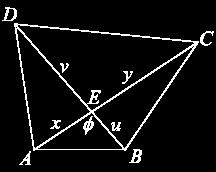Доказ: На слици десно имамо дијагонале AC = + y и BD = u + v које граде угао. Површина четвороугла ABCD се може раставити на четири троугла ABE, BCE, CDE u uy yv v и DAE.