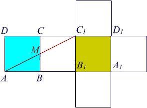 Рјешење: На мрежи коцке видимо да је најкраћи пут од тјемена A до тјемена C преко тачке M која се налази на средини ивице BC. Примјер 6.