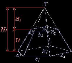 одговарајуће висине V : V ( B H) : ( BH ). То слиједи из хомотетије базних многоуглова. Запремина зарубљене пирамиде (V) једнака је разлици запремина веће (V ) и мање пирамиде (V ), тј.