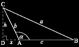. Доказати косинусну теорему на тупоуглом троуглу, на слици десно. Напомена: Обратити пажњу да је DAC суплементан са углом. У каквој релацији су косинуси суплементних углова?
