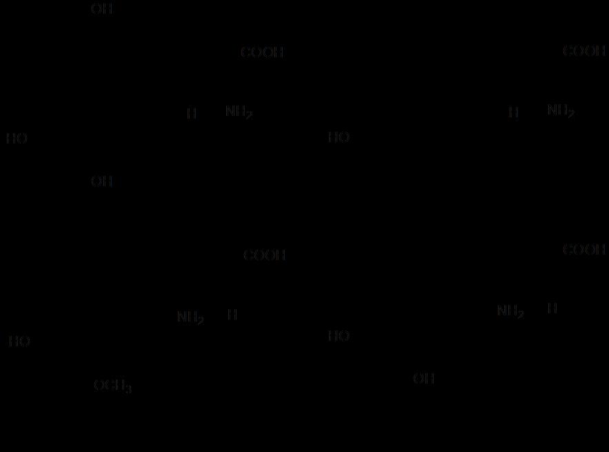 Слика 13. Хемијске структуре нечистоћа леводопе дате у Ph. Eur. 8: А. (2S)-2-амино-3-(2,4,5-трихидроксифенил)пропанска киселина B.