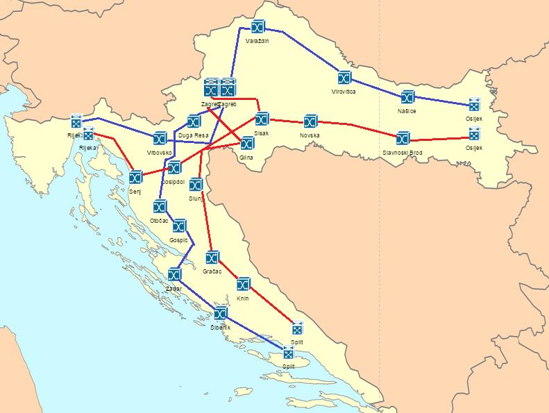 Slika 8. Toplogija mreže - regionalni čvorovi Izvor: [4] Kao što je spomenuto ranije, mreža je izvedena redudantno; preko dva linka svaki je regionalni čvor povezan preko dvije rute.