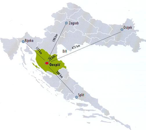 Slika 1: Položaj Ličko-senjske županije Važnost Ličko-senjske županije u hrvatskom prostoru određena je njenom geoprometnom funkcijom, zatim pripadnošću geostrateškoj i ekološkoj jezgri Hrvatske