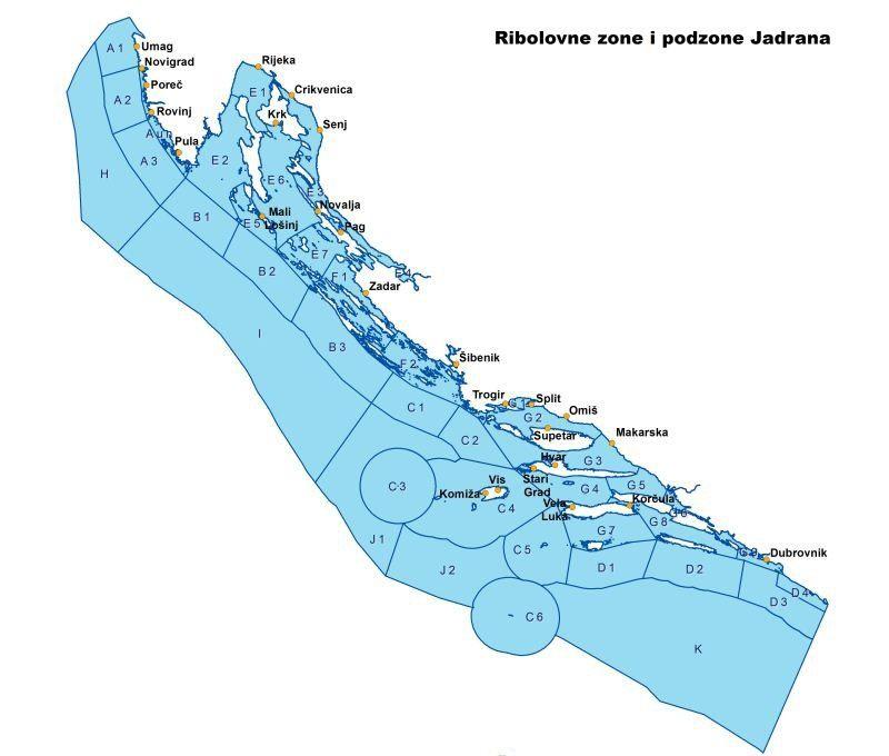 Slika 7. Ribolovne zone i podzone Jadranskog mora Danas se koristi 12 vrsta jednostrukih i 5 vrsta trostrukih mreža.