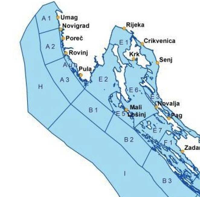 4. PODRUČJE ISTRAŽIVANJA Područje ribarenja je sjeverni Jadran uz zapadnu obalu, te sam jug Istre. U periodu od 2011 do 2017 posjećeno je 5 ribolovnih zona (Slika 9).