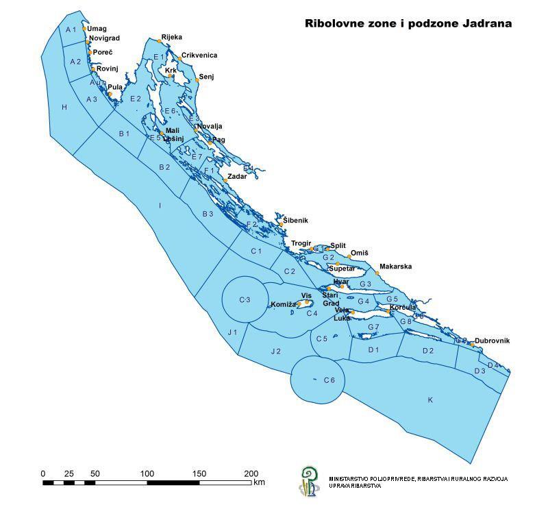 Slika 1. Ribolovne zone i podzone istočnog dijela Jadrana (Hrvatska) U skladu s člankom 19. Uredbe Vijeća (EZ) br.