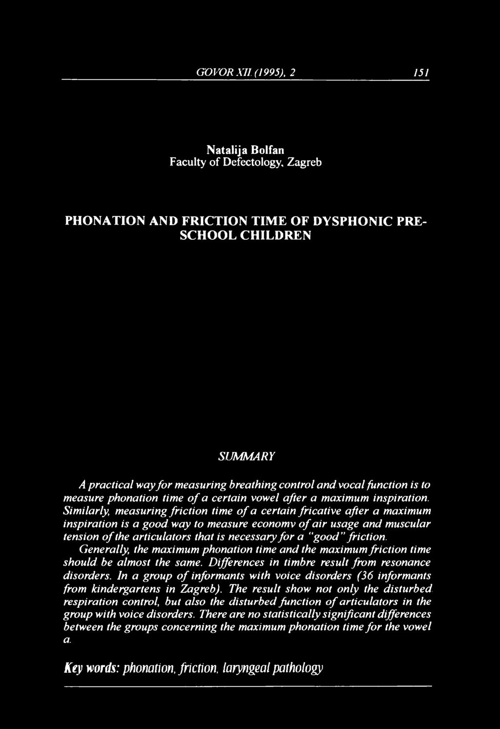 GOVOR XII (1995), 2 151 Natalija Bolfan Faculty of Defectology, Zagreb PHONATION AND FRICTION TIME OF DYSPHONIC PRE- SCHOOL CHILDREN SUMMARY A practical wayfor measuring breathing control and
