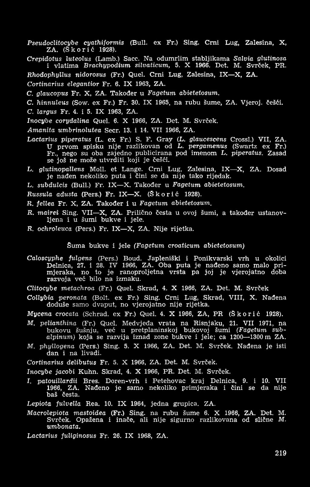 Pseudoclitocybe cyathijormis (Bull, ex Fr.) Sing. Cm i Lug, Zalesina, X, ZA. (Škorić 1928). Crepidotus luteolus (Lamb.) Sacc.