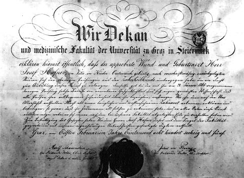 Slika 3. Diploma magistra zubarstva Josipa Hafnera, Medicinski fakultet SveuËiliπta u Grazu, 11. veljaëe 1865. godine Figure 3.