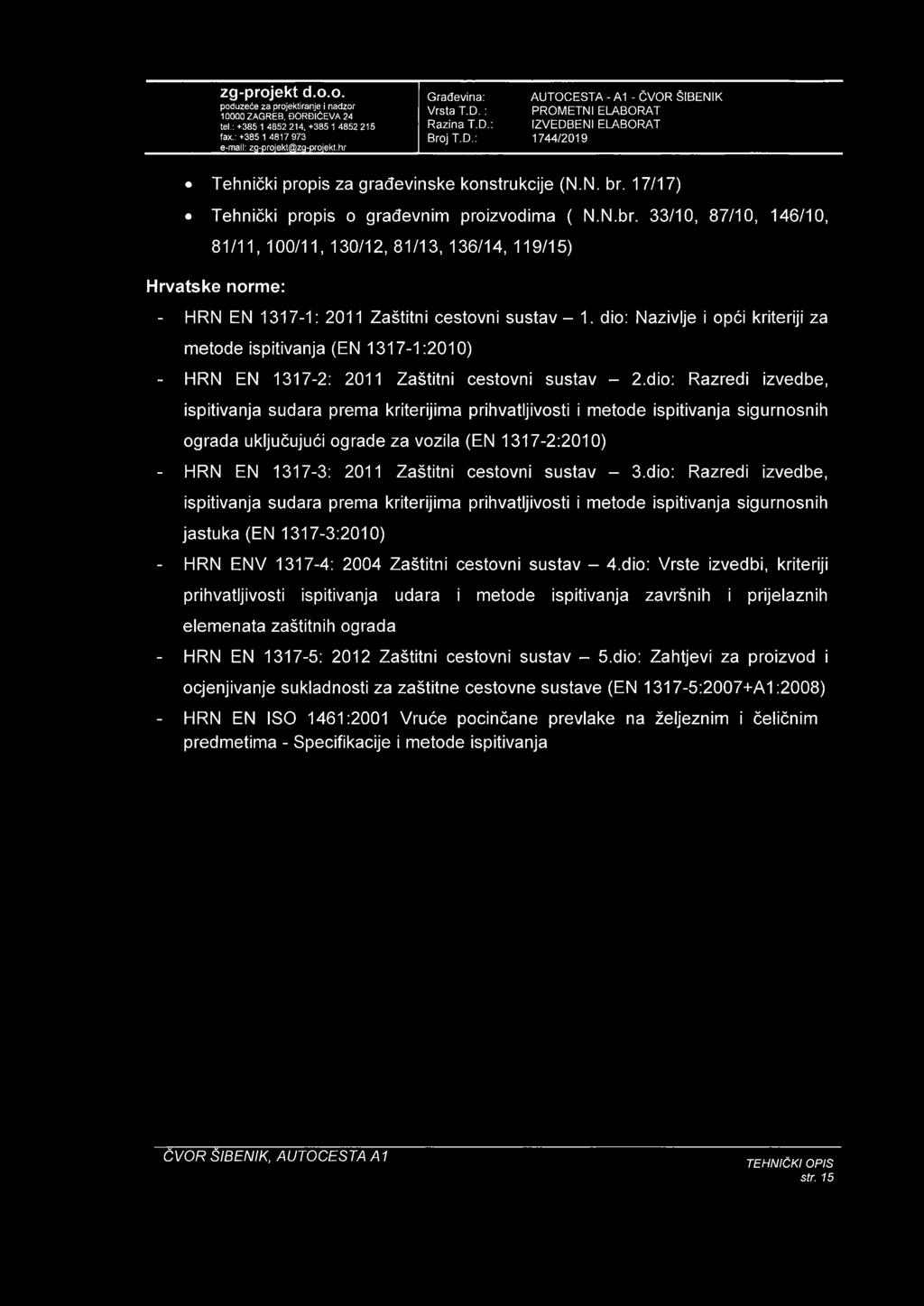 17/17) Tehnicki propis o gradevnim proizvodima ( N.N.br. 33/10, 87/10, 146/10, 81/11, 100/11, 130/12, 81/13, 136/14, 119/15) Hrvatske norme: - HRN EN 1317-1: 2011 Zastitni cestovni sustav - 1.