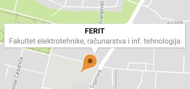 Oznaci, koja se nalazi na lokaciji koordinata (45.556814, 18.695803), dodan je naslov FERIT sa podnaslovom Fakultet elektrotehnike, računarstva i inf. tehnologija.