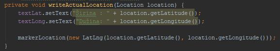Zapis koordinata trenutne korisnikove lokacije ispisan je u dva TextView-a pomoću metode writeactuallocation() kao na slici 3.17.