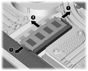 9. Nežno podignite gornju ivicu tastature i podižite tastaturu preko dok ne legne na ostatak računara. 10. Uklonite memorijski modul: a. Oslobodite držače (1) na svakoj strani memorijskog modula.