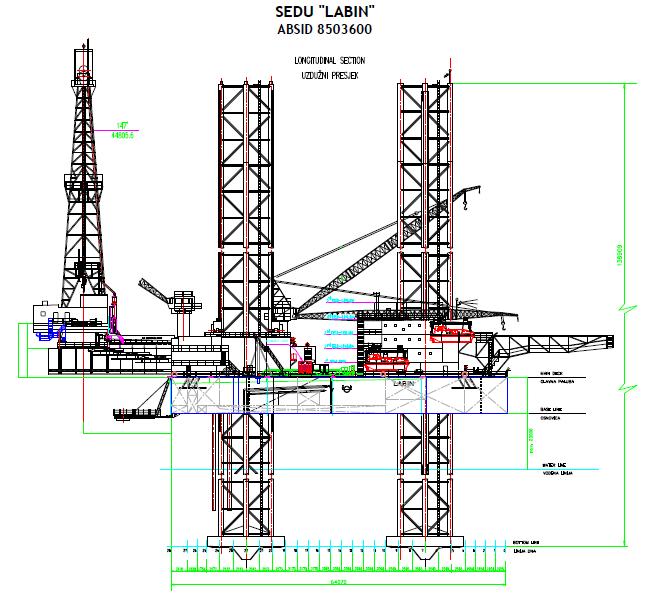 Slika 3-1. Presjek platforme Labin (Izvješće tvrtke Adriatic Sub d.o.o. Crosco, 2012) 3.1. Trup Trup platforme trokutastog je oblika duljine 67,980 m i širine 66,866 m, te visine, odnosno dubine od 6,988 m.