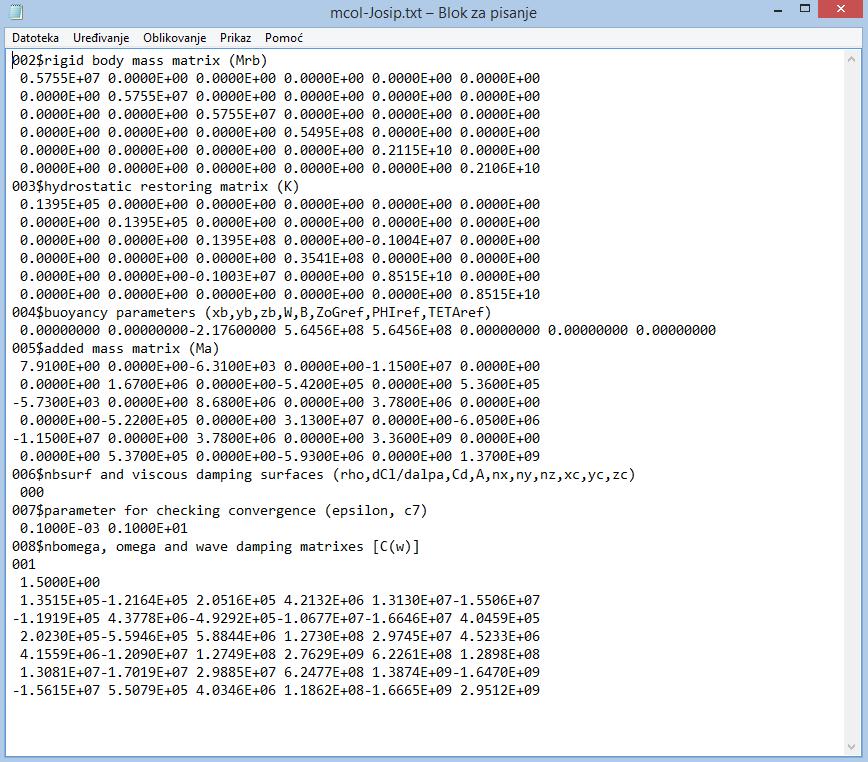 Slika 8.14. MCOL datoteka 8.7. Definiranje opterećenja Opterećenje je definirano na temelju rezultata uzbudnih sila i momenata određenih u programu HydroSTAR.