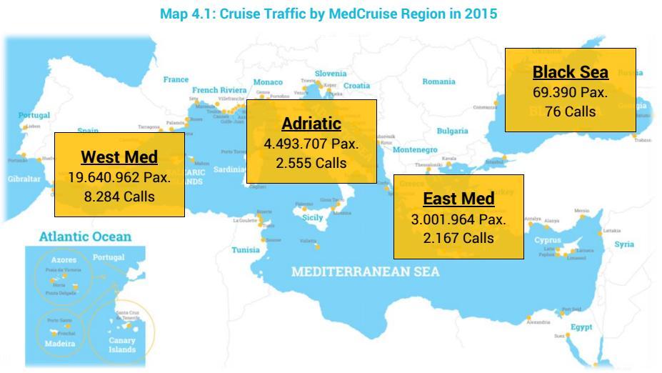 Slika 4: Broj putnika i ticanja cruisera po plovnim područjima Mediterana (Izvor: MedCruise: Cruise Activities in MedCruise ports, Medcruise association, Piraeus, 2016) Pokazatelji poslovanja Lučke