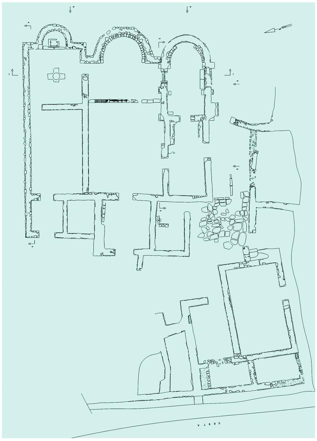 Joško Zaninović: Ranokršćanski sakralni kompleks "Crkvina"... Archaeologia Adriatica 11 (2008), 529-542 Sl. 2. Tloris otkopane ranokršćanske arhitekture s dijelovima villae rusticae.