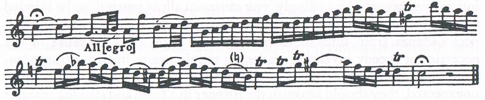 U dur tonalitetima modulacija na subdominantu izvodi se putem male septime (vidi slovo a); modulacija na dominantu putem povećane kvarte (vidi ton h iznad slova b); a povratak u glavni tonalitet
