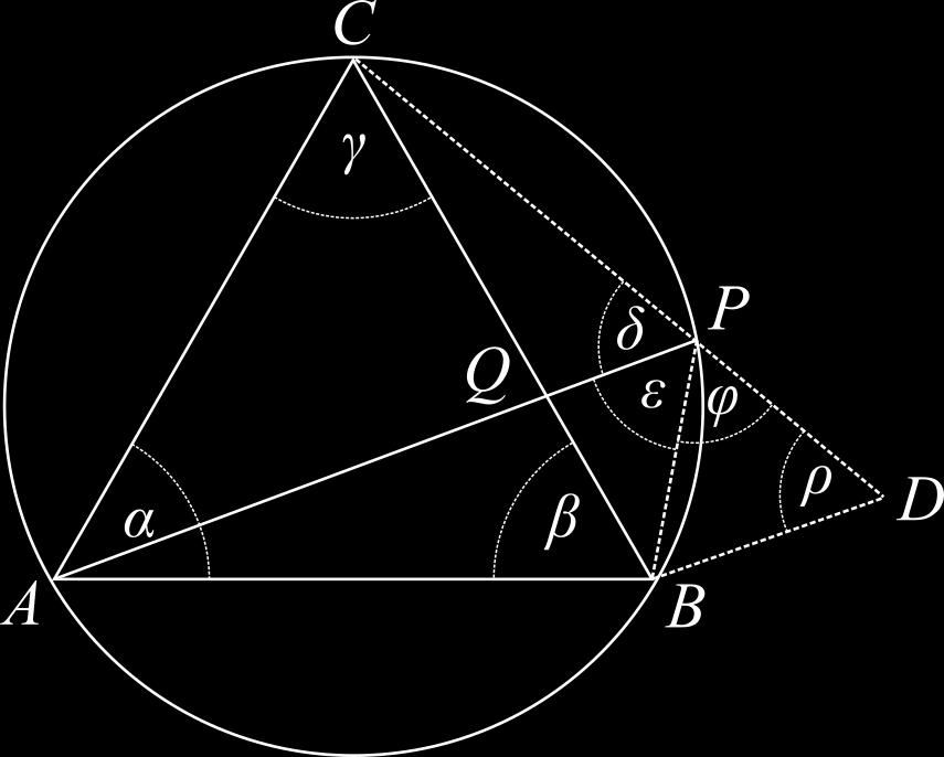 Duž CP produžimo preko tačke P i onda je δ + ε + ϕ = 180, pa zaključujemo da je ϕ = 60. Na ovom produžetku odredimo tačku D tako da trougao P DB bude jednakostranični.