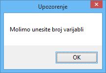 U prethodno prikazanoj formi unosi se broj varijabli koliko će se staviti u ranac, te kapacitet ranca, nakon čega se ponovno odabere gumb Dalje.