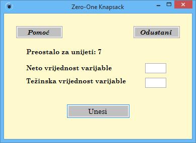 .. ne moţe biti 0! Slika 9.6. Upozorenja: a) ako se polje ostavi prazno, b) ako se unese vrijednost 0 Nakon što se unesu ispravne vrijednosti i odabere gumb Dalje, prelazi se na unos varijabli.