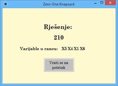 Nakon što se unese i posljednja varijabla, aplikacija prikazuje rezultat i varijable koje se nalaze u rancu, poredane po teţinskom koeficijentu.