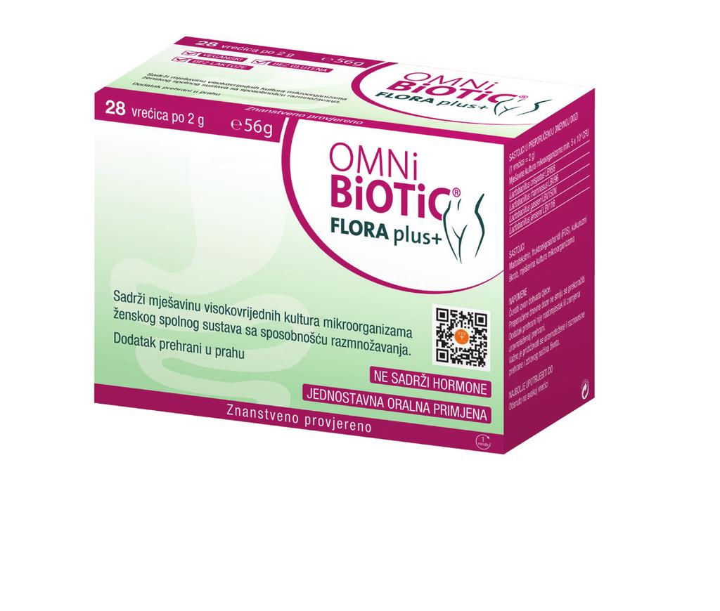 OMNi-BiOTiC FLORA plus+ sadrži 4 bakterijska soja ženskog spolnog sustava sa sposobnošću razmnožavanja koji su otporni na želučane sokove, žučnu kiselinu i ostale probavne sekrete u kvalitativno i