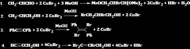 Shema 4. Prikaz najvažnijih reakcija kataliziranih bakrovim(ii) bromidom: 1. β metoksiliranje i α bromiranje prop 2 enala, 2. bromiranje prop 2 en 1 ola, 3. trans bromiranje difeniletina, 4.