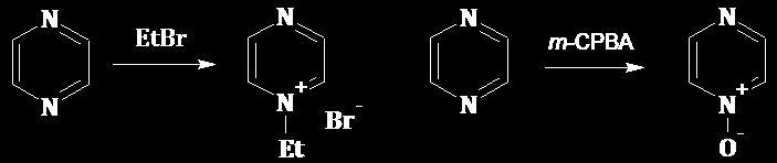 Dušikovi atomi u pirazinu jako odvlače elektronsku gustoću pa je pirazinski sustav manje podložan napadu elektrofila odnosno nukleofilniji je od, primjerice, piridina.