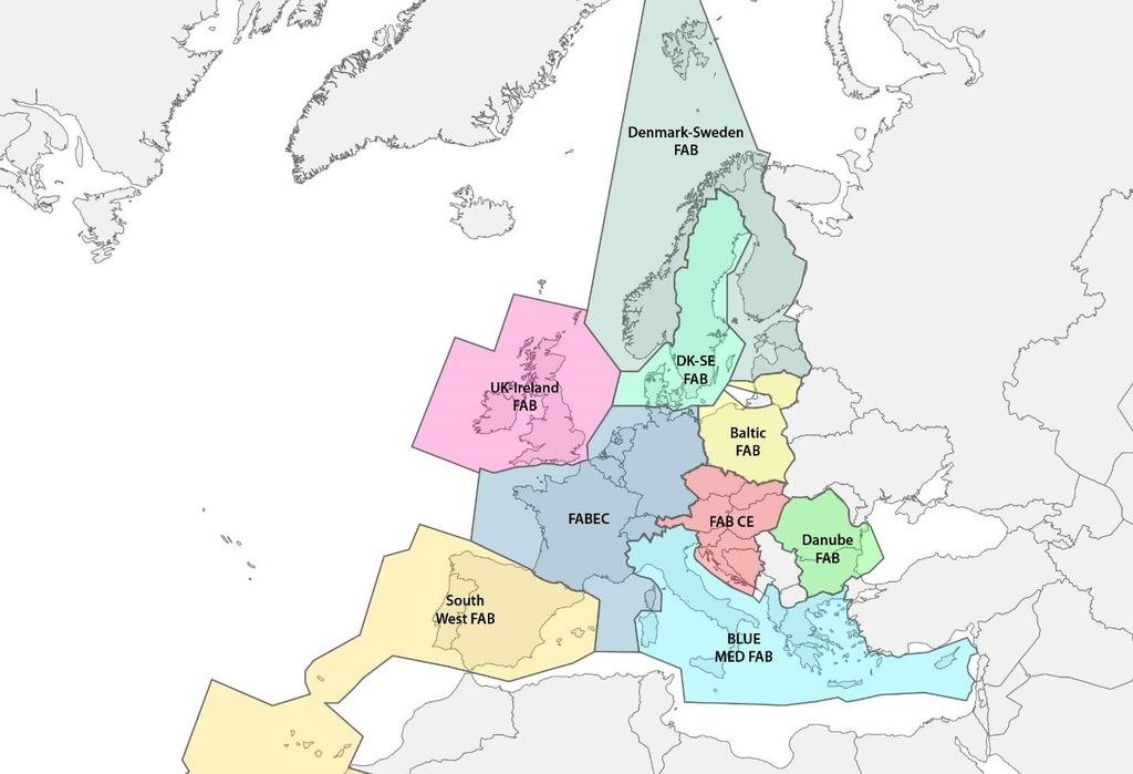 Slika 2. 1. Europski FAB-ovi [4] U uspostavljanju okvira suradnje i donošenju planova sudjeluju civilne i vojne vlasti država članica pojedinih FAB-ova, uključujući i njihove NSA-ove.