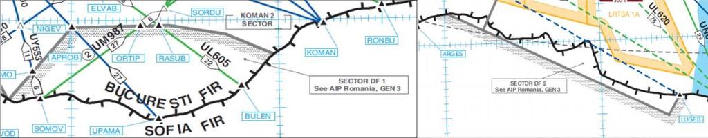 Zračni prostor Rumunjske noćni FRA [16] Podijeljena je na 9 sektora koji su na gornjoj karti odijeljeni tankim sivim linijama.