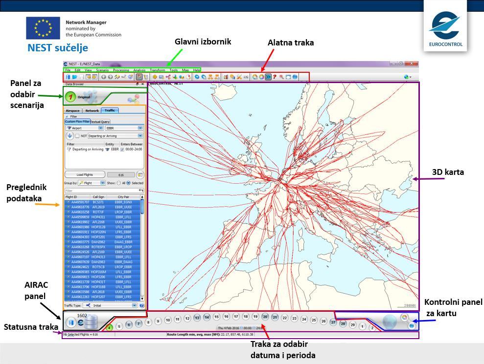 Slika 5. 1. NEST sučelje [18] Preglednik podataka podijeljen je na tri dijela: Airspace (zračni prostor), Network (mreža) i Traffic (promet).