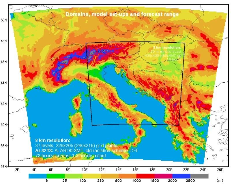 2.3 Operatina domena modela Operatinu prognozu ALADIN modelom proodimo na domeni Lambertoe projekcije s 8 km horizontalnom rezolucijom (Slika 3).