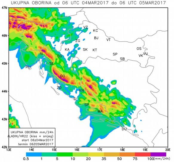 i f. Meteorološka situacija u jutarnjim satima 1. ožujka 2017.