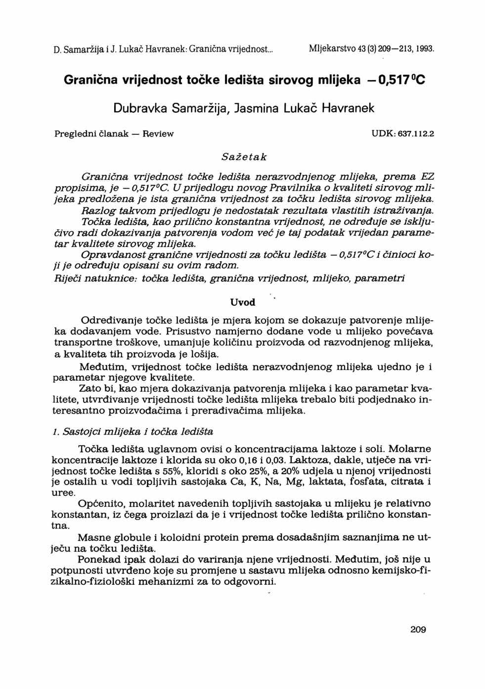 D. Samaržija i J. Lukač Havranek: Granična vrijednost... Mljekarstvo 43 (3) 209-213,1993.