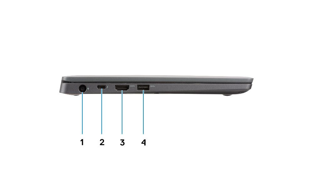 5 IC odašiljač 6 Set mikrofona 7 Ploča zaslona 8 LED žaruljica stanja baterije Pogled s lijeve strane 1 Ulaz adaptera za napajanje 2 USB tip-c 3.1 Gen 2 priključak (Thunderbolt) 3 HDMI 1.