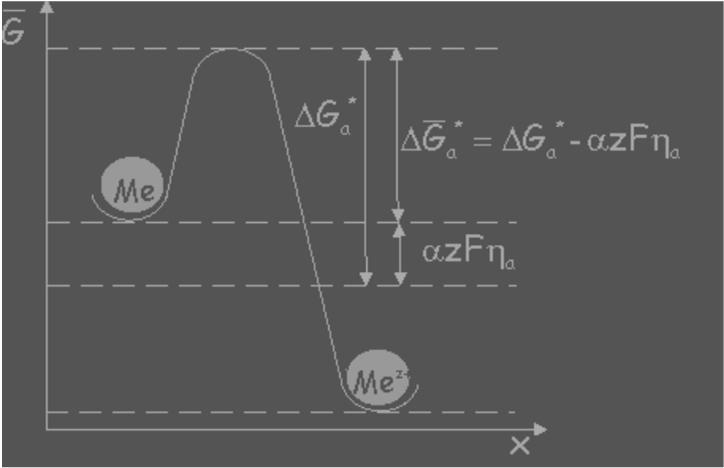 Površina metala anodno polarizovana za iznos potencijala η a, Ea procesa rastvaranja se smanjuje Brzina korozionog procesa zavisi od elektrohemijske slobodne entalpije aktivacije ili energije