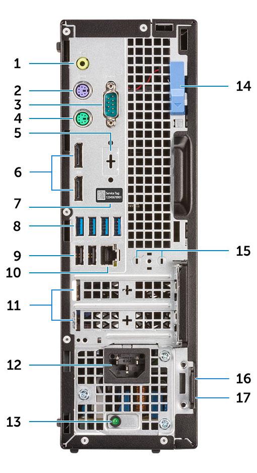 9 USB 3.1 Gen 1 port Prikaz sa zadnje strane 1 Linijski izlazni port 2 PS/2 port za tastaturu 3 Serijski port (opcionalno) 4 PS/2 port za miš 5 DisplayPort/HDMI 2.