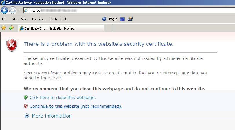 Internet Explorer 7.0+ пријављује проблем са сигурносним сертификатом сајта студентских сервиса.