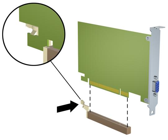 c. Ako uklanjate PCI Express x16 karticu, povucite ručicu za zadržavanje na poleđini utičnice za proširenje od kartice i pažljivo klimajte karticu napred i nazad dok se konektori ne oslobode iz