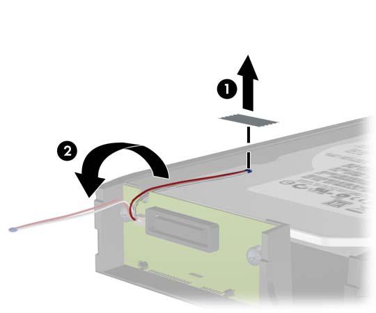 3. Uklonite lepljivu traku koja pričvršćuje termalni senzor na vrhu čvrstog diska (1) i pomerite termalni senzor od držača (2).