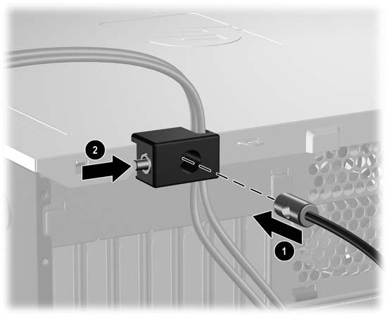 Utaknite kraj bezbednosnog kabla sa priključkom u bravu (1) i pritisnite dugme (2) da