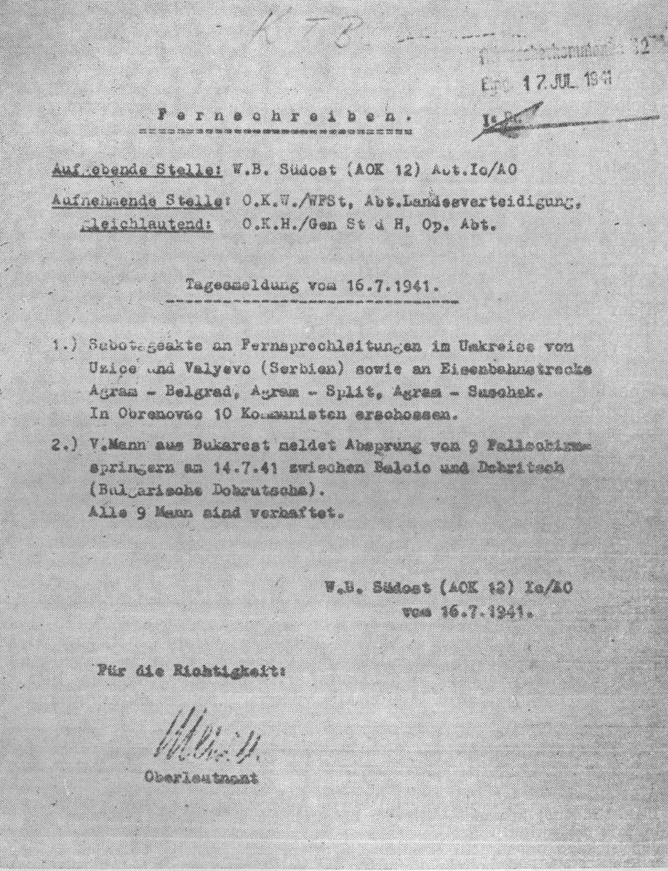 Dnevni izvještaj Komande Jugoistok od 16. jula 1941.