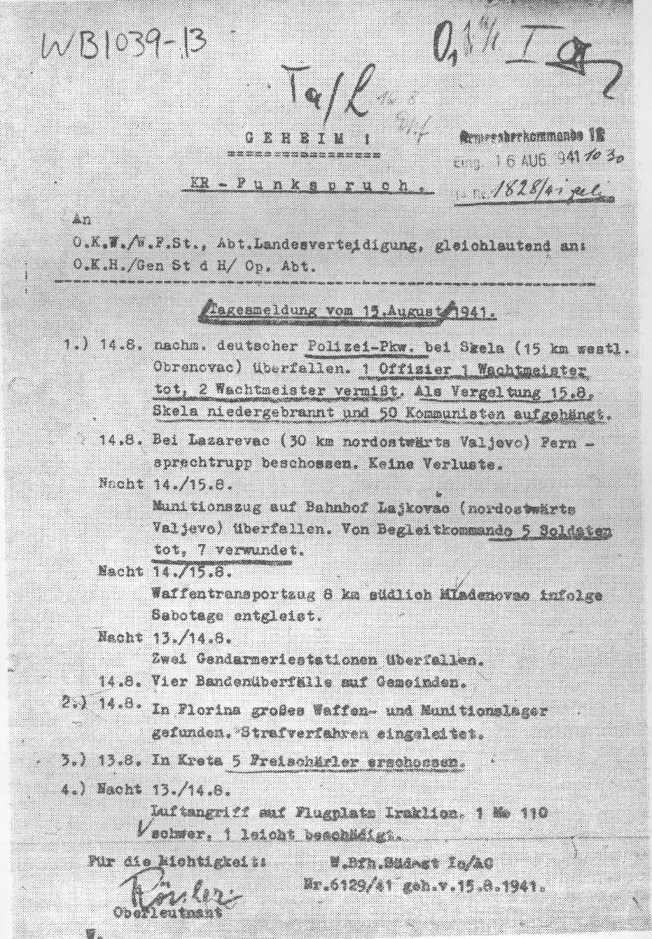 Dnevni izvještaj Komande Jugoistok od 15. avgusta 1941.