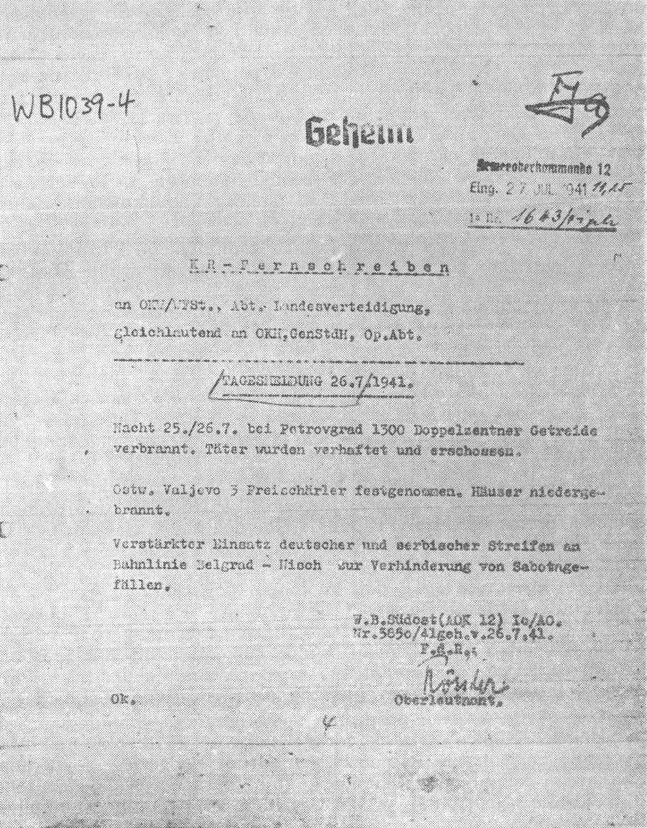 Dnevni izvještaj Komande Jugoistok od 26. jula 1941.