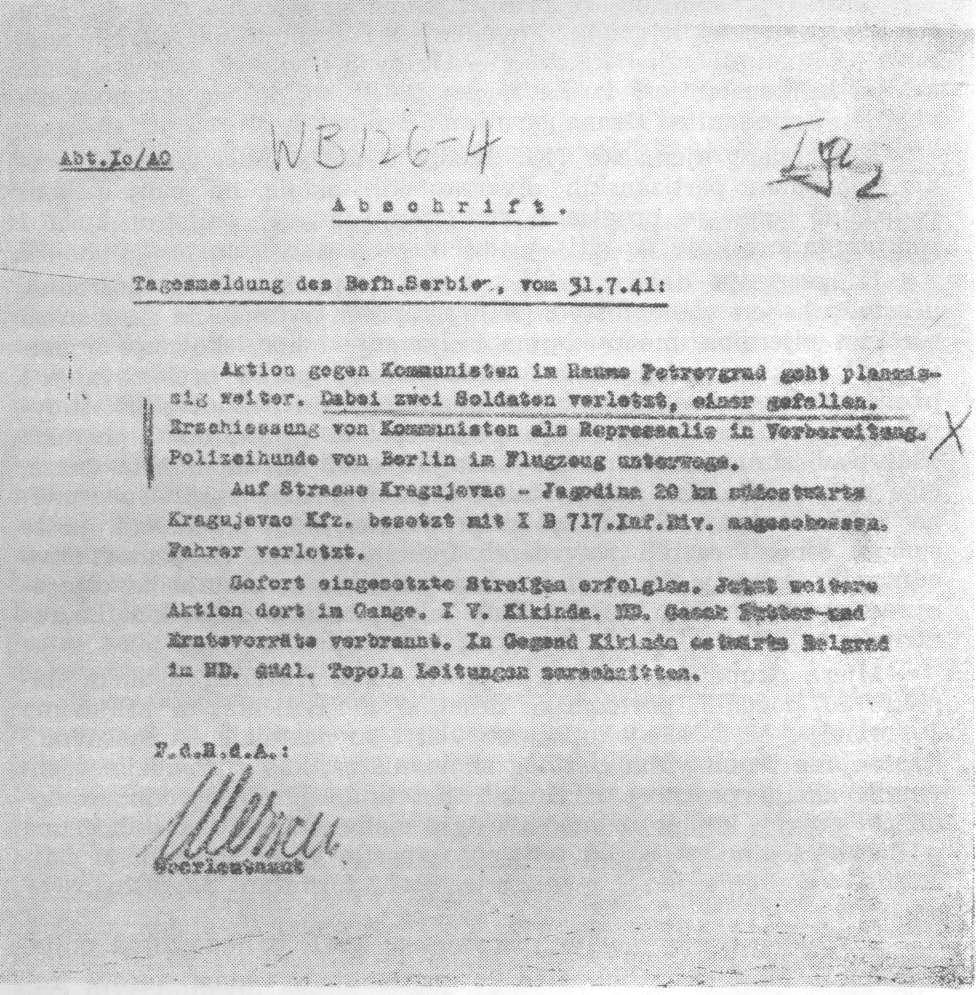 Dnevni izvještaj njemačkog opunomoćenog komandanta u Srbiji od 31. jula 1941.