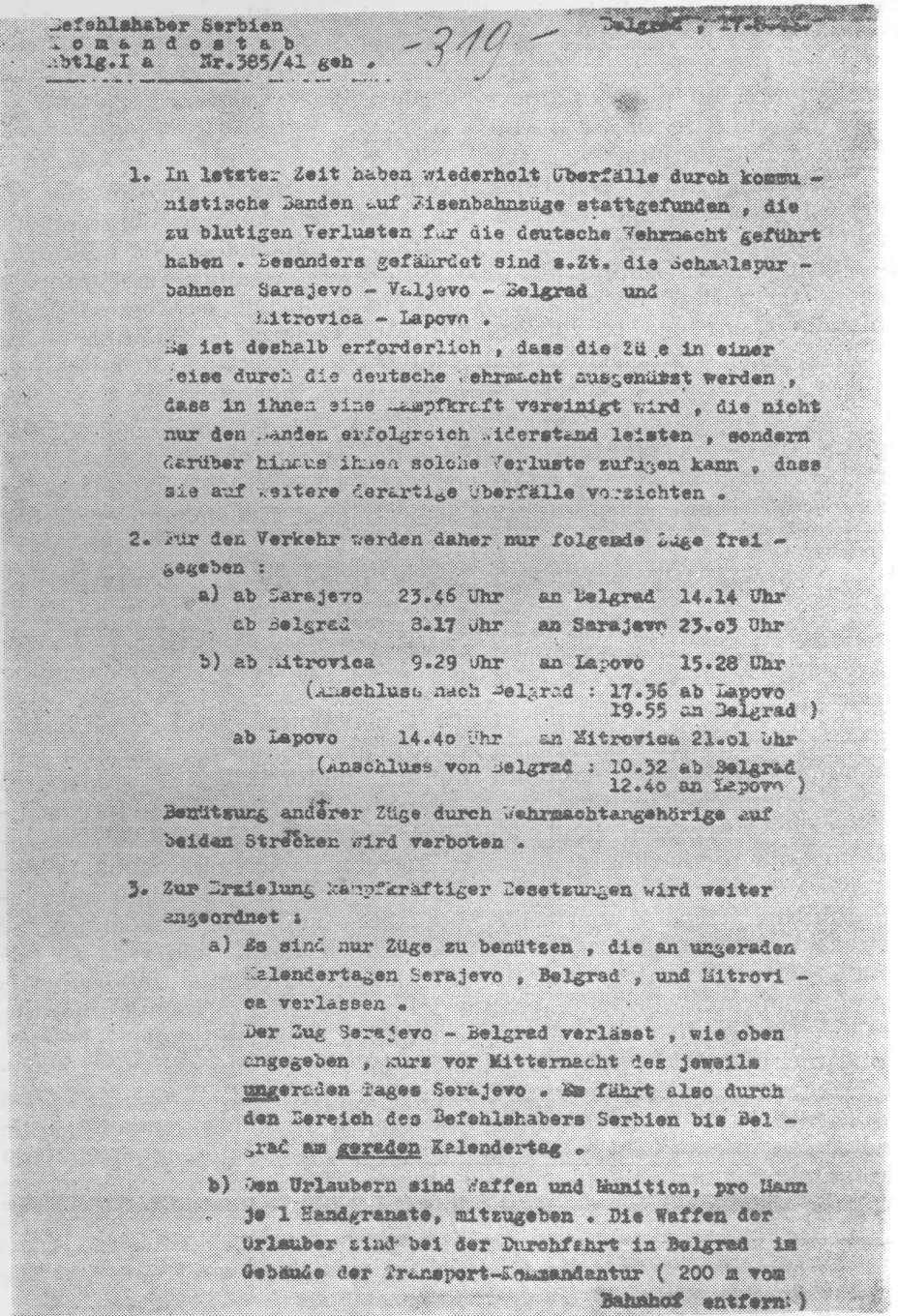 Prva strana naređenja njemačkog opunomoćenog komandanta u Srbiji od 17. avgusta 1941.